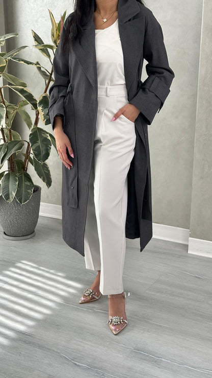 معطف كلاسيكي بياقة مطوية وحزام خصر