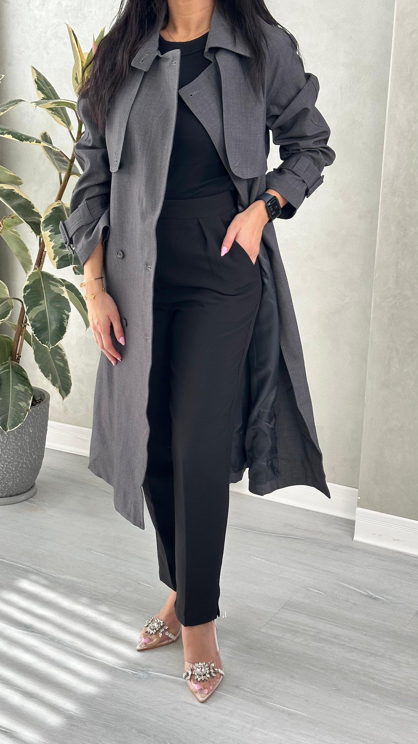 معطف كلاسيكي طويل بحزام ربط