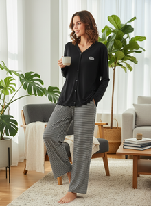 بيجامة نسائي بنطال عريض وكم طويل