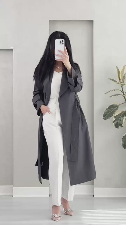 معطف كلاسيكي بياقة مطوية وحزام خصر